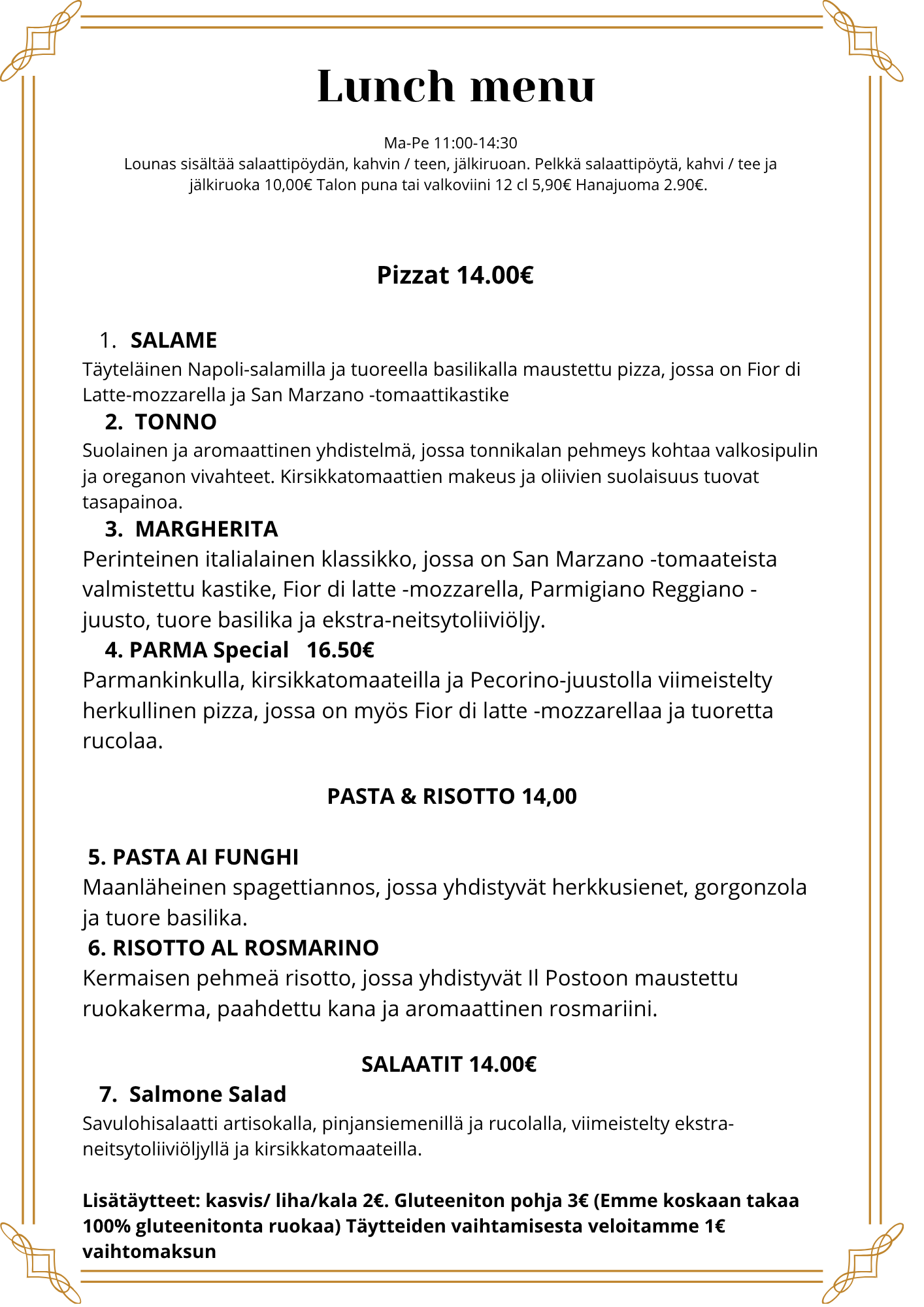 Il Posto Hervanta lunch menu